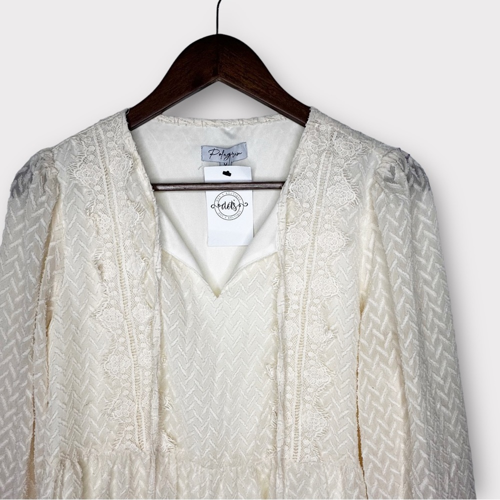 Polagram Cream Long Sleeve Embroidered Flowy Chiffon Textured Blouse - Picture 2 of 9